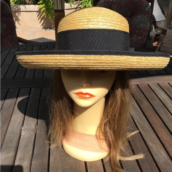 Vintage Nordstrom Straw Black Grosgrain Ribbon Sun Hat - Picture 2 of 14